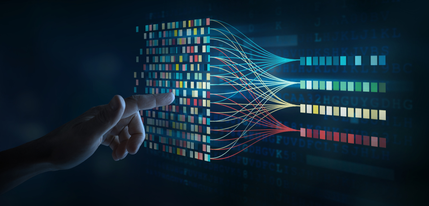 Data science and big data technology.  Big data analytics visualizing complex data set.