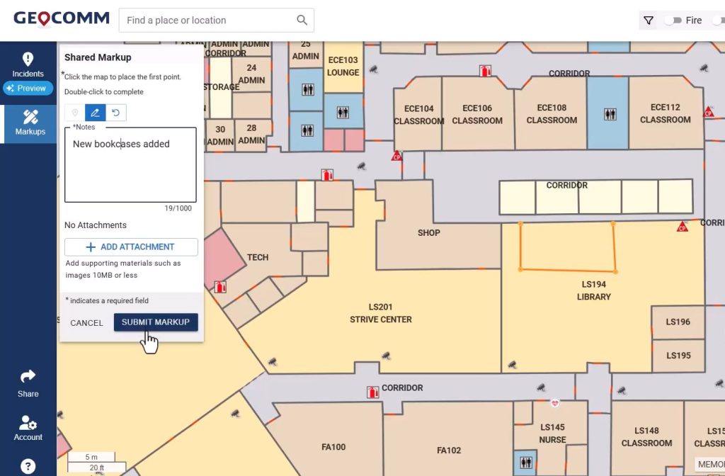 GeoComm’s digital geographic information system mapping platform displaying shared markups for school safety, allowing real-time updates and emergency response coordination.