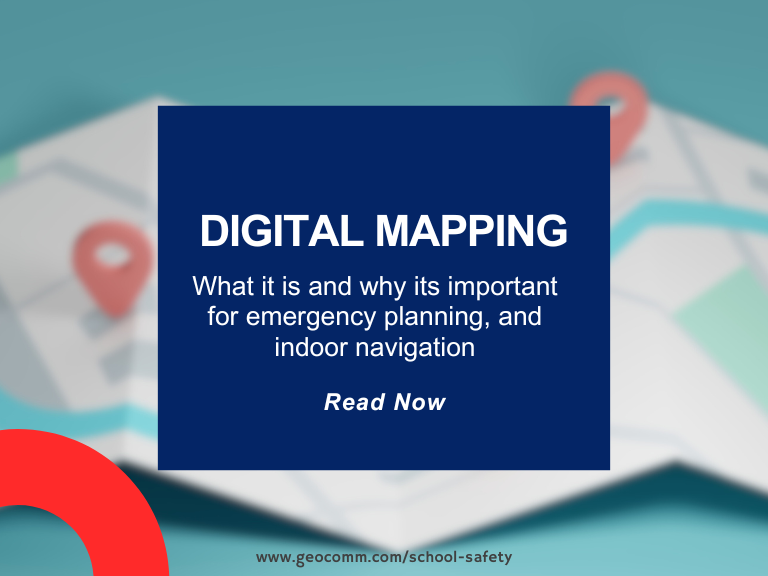 A digital mapping interface displaying a GIS-powered school safety map with real-time search, emergency response locations, and interactive navigation.
